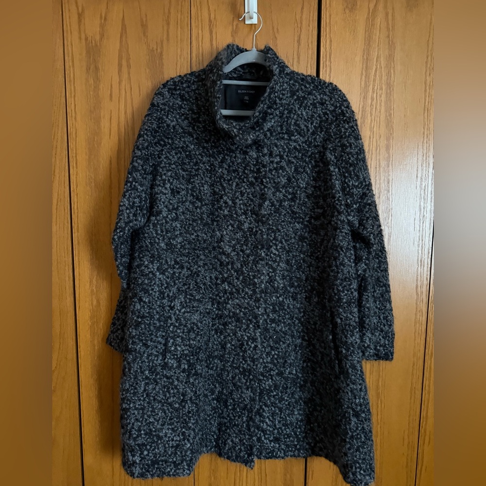 Eileen Fisher Curly Alpaca Wool Blend Notch Collar Coat Charcoal L